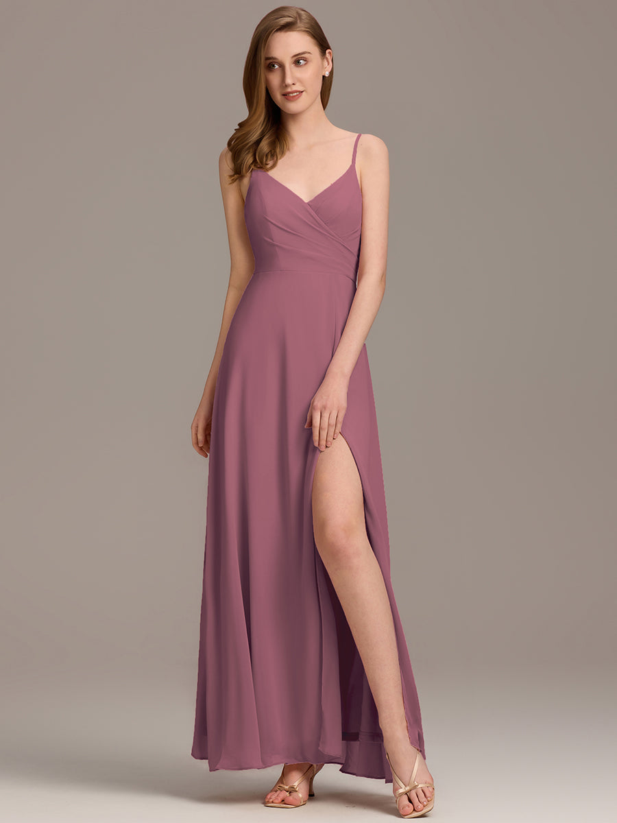 Bodenlanger V-Ausschnitt A-Linie Chiffonkleid Mit Tiefem V-Ausschnitt Und Gerafften Details Kleid #Farbe_Orchideenviolett