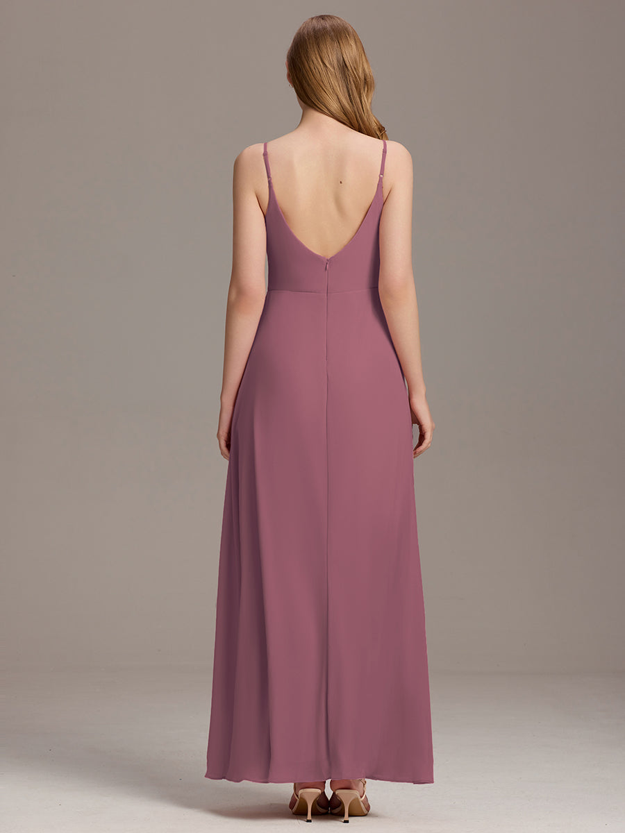 Bodenlanger V-Ausschnitt A-Linie Chiffonkleid Mit Tiefem V-Ausschnitt Und Gerafften Details Kleid #Farbe_Orchideenviolett