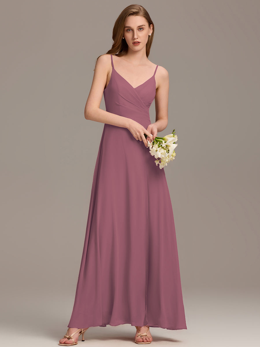 Bodenlanger V-Ausschnitt A-Linie Chiffonkleid Mit Tiefem V-Ausschnitt Und Gerafften Details Kleid #Farbe_Orchideenviolett