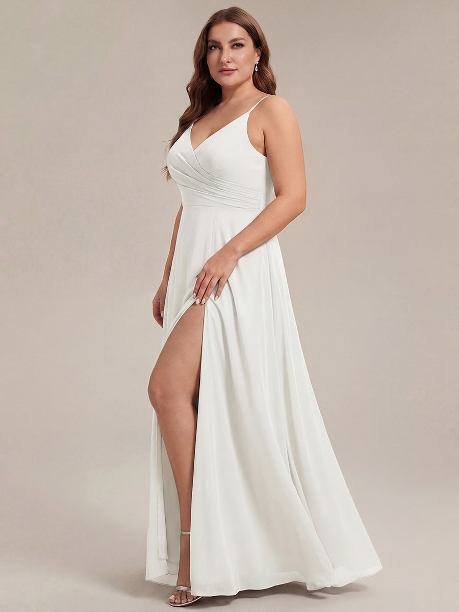 Bodenlanger V-Ausschnitt A-Linie Chiffonkleid Mit Tiefem V-Ausschnitt Und Gerafften Details Kleid #Farbe_Weiß