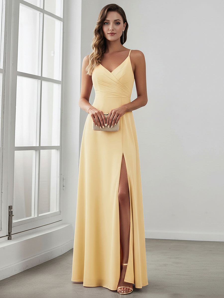 Bodenlanger V-Ausschnitt A-Linie Chiffonkleid Mit Tiefem V-Ausschnitt Und Gerafften Details Kleid #Farbe_Gelb