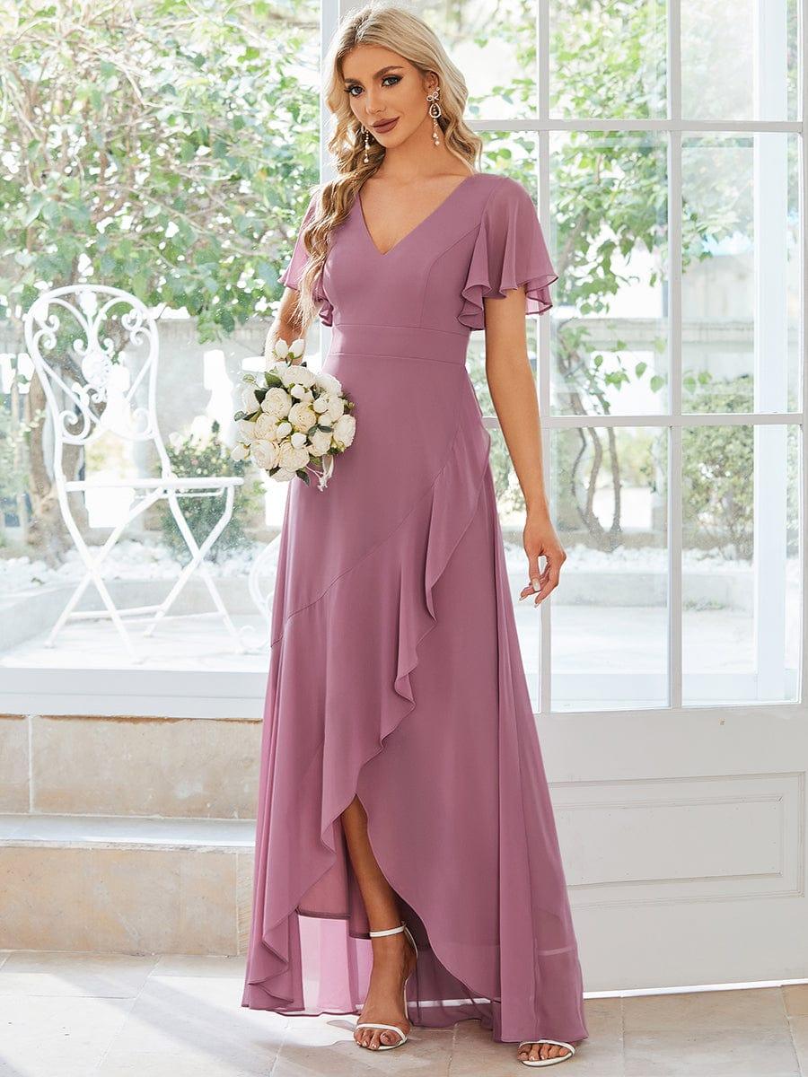 Funkelndes Abendkleid in A-Linie mit Empire-Taille und langen ?rmeln #farbe_Orchid