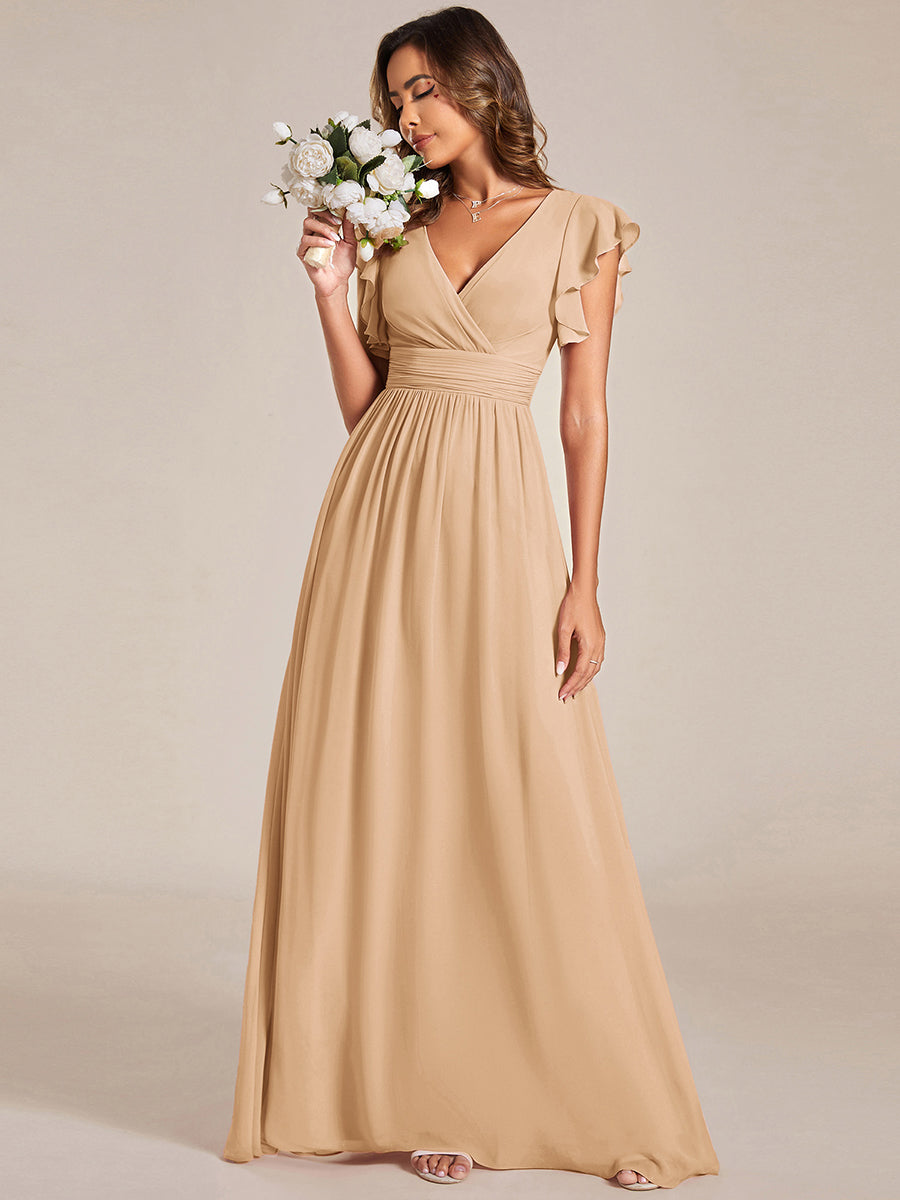 Funkelndes Abendkleid in A-Linie mit Empire-Taille und langen ?rmeln #farbe_Champagner