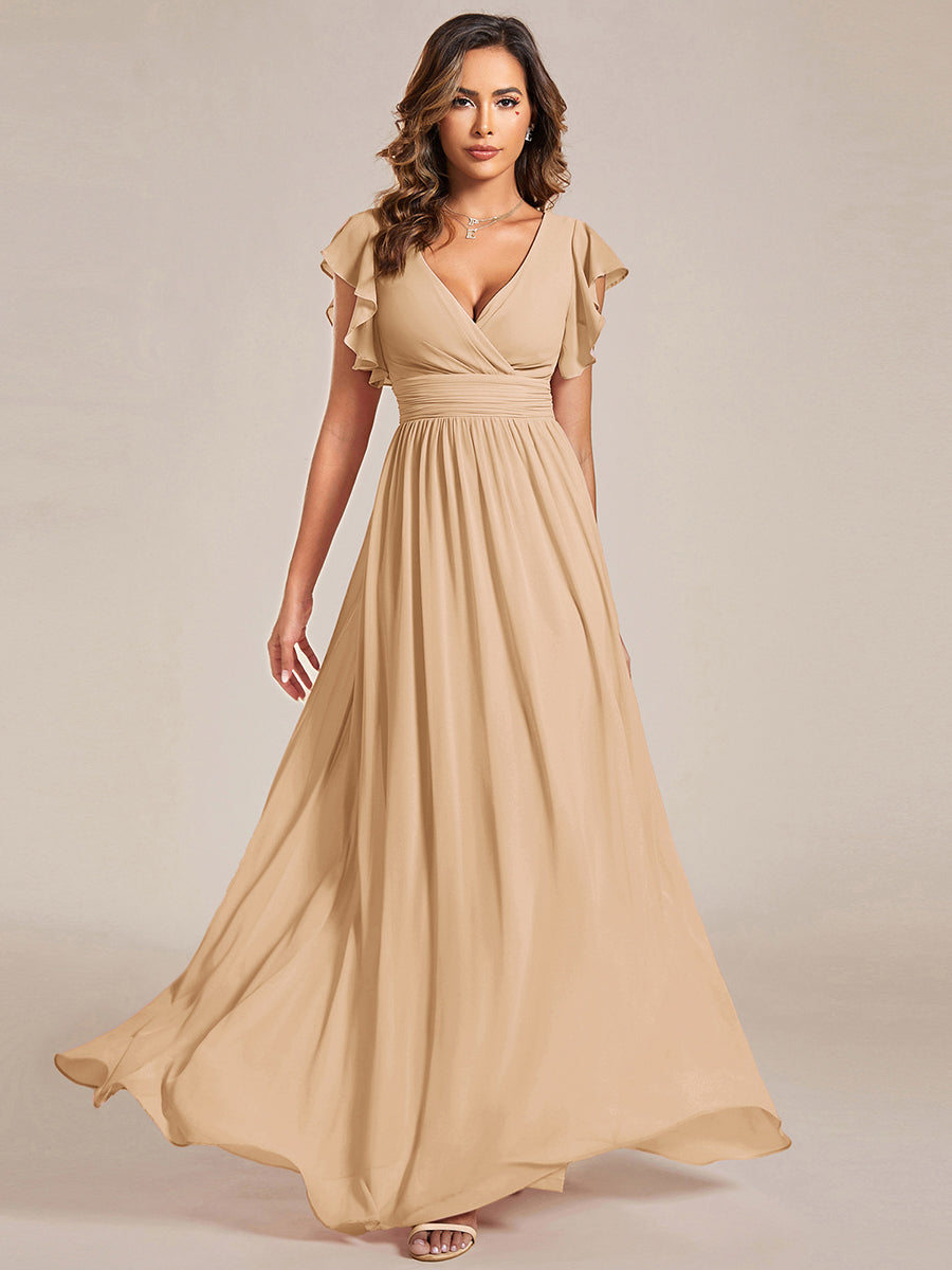 Funkelndes Abendkleid in A-Linie mit Empire-Taille und langen ?rmeln #farbe_Champagner