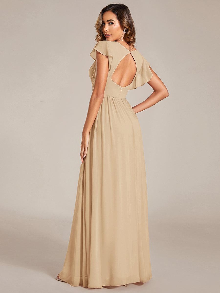 Funkelndes Abendkleid in A-Linie mit Empire-Taille und langen ?rmeln #farbe_Champagner