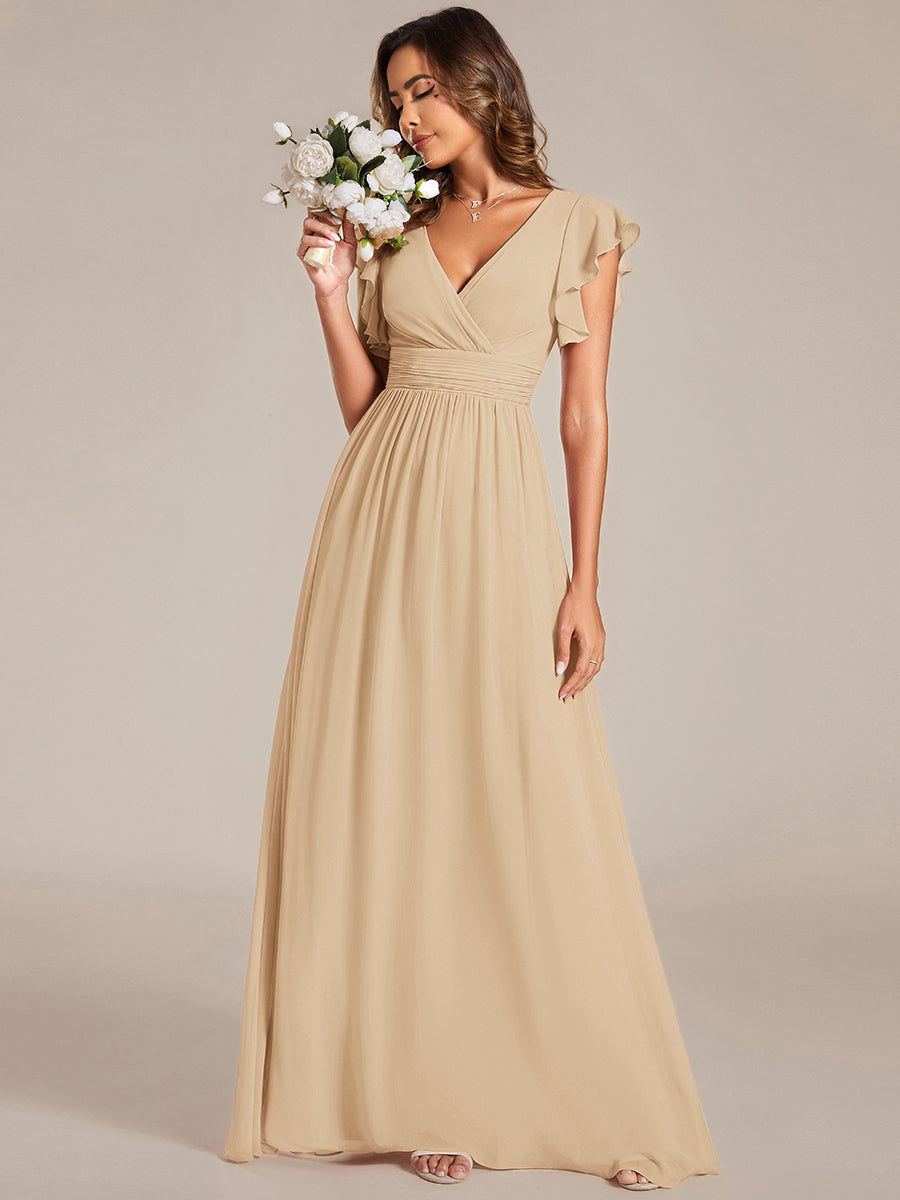 Funkelndes Abendkleid in A-Linie mit Empire-Taille und langen ?rmeln #farbe_Champagner