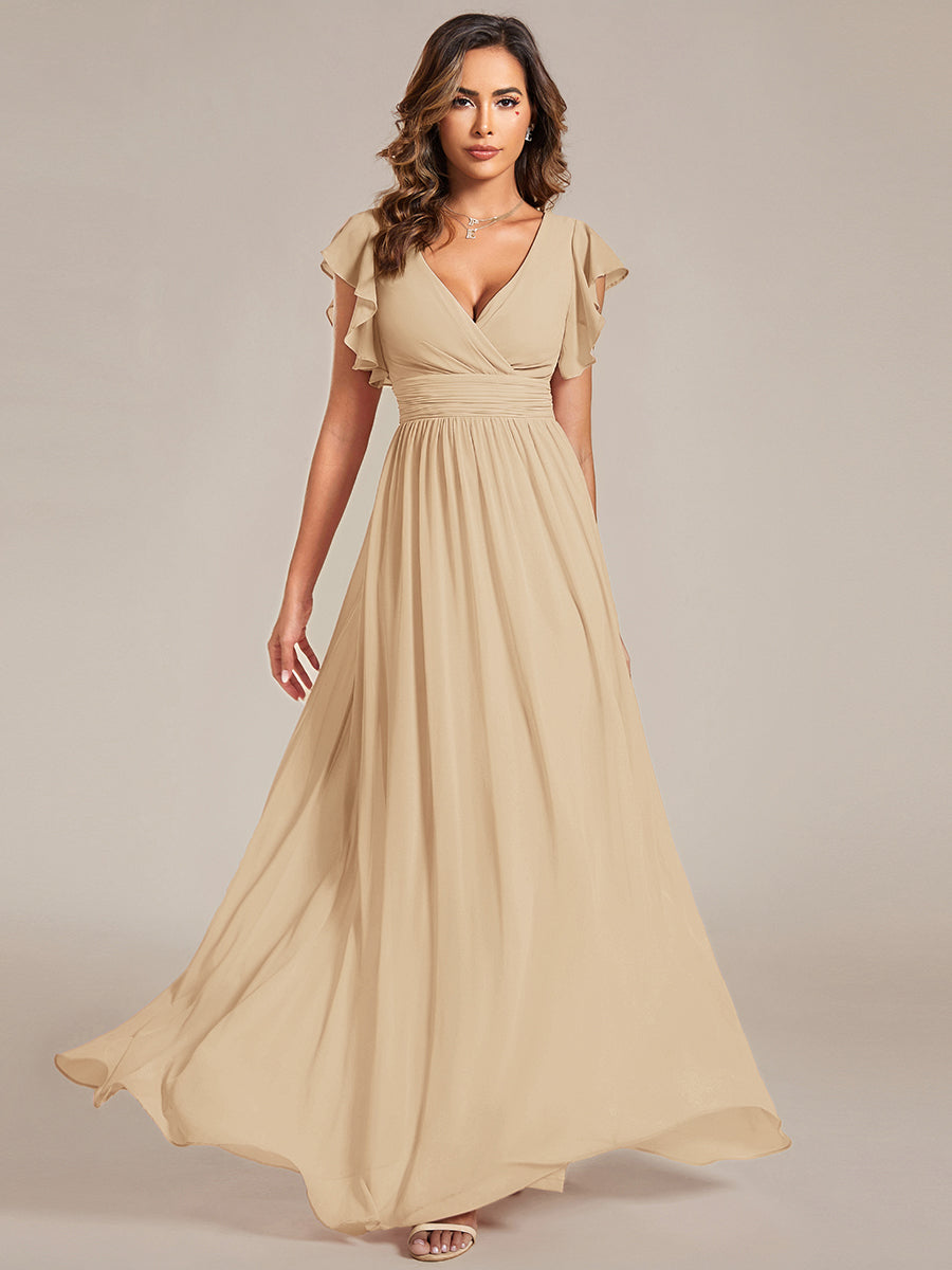 Funkelndes Abendkleid in A-Linie mit Empire-Taille und langen ?rmeln #farbe_Champagner