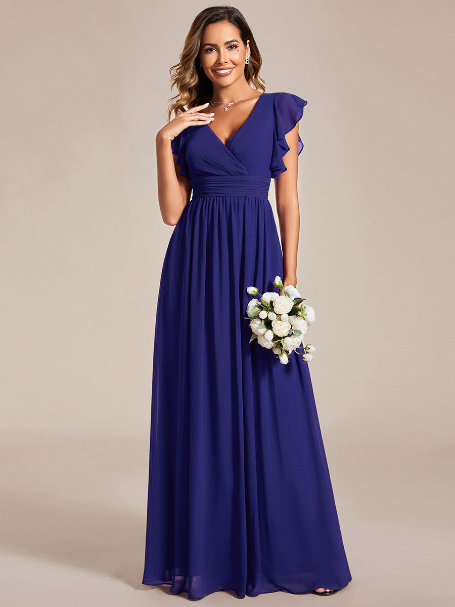 Funkelndes Abendkleid in A-Linie mit Empire-Taille und langen ?rmeln #farbe_Saphirblau