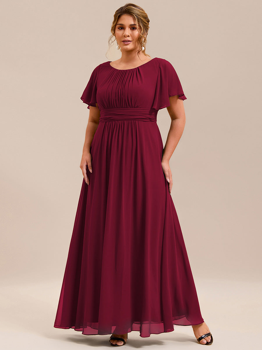 Bodenlanger A-Linien Chiffon Kleid Mit Falten Und Raffung Rundhalsausschnitt #Farbe_Burgunderrot