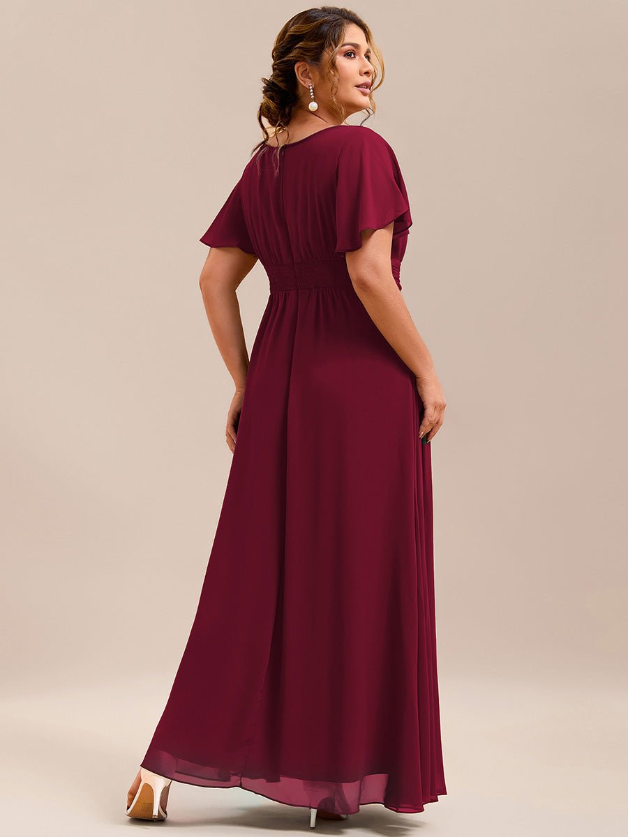 Bodenlanger A-Linien Chiffon Kleid Mit Falten Und Raffung Rundhalsausschnitt #Farbe_Burgunderrot