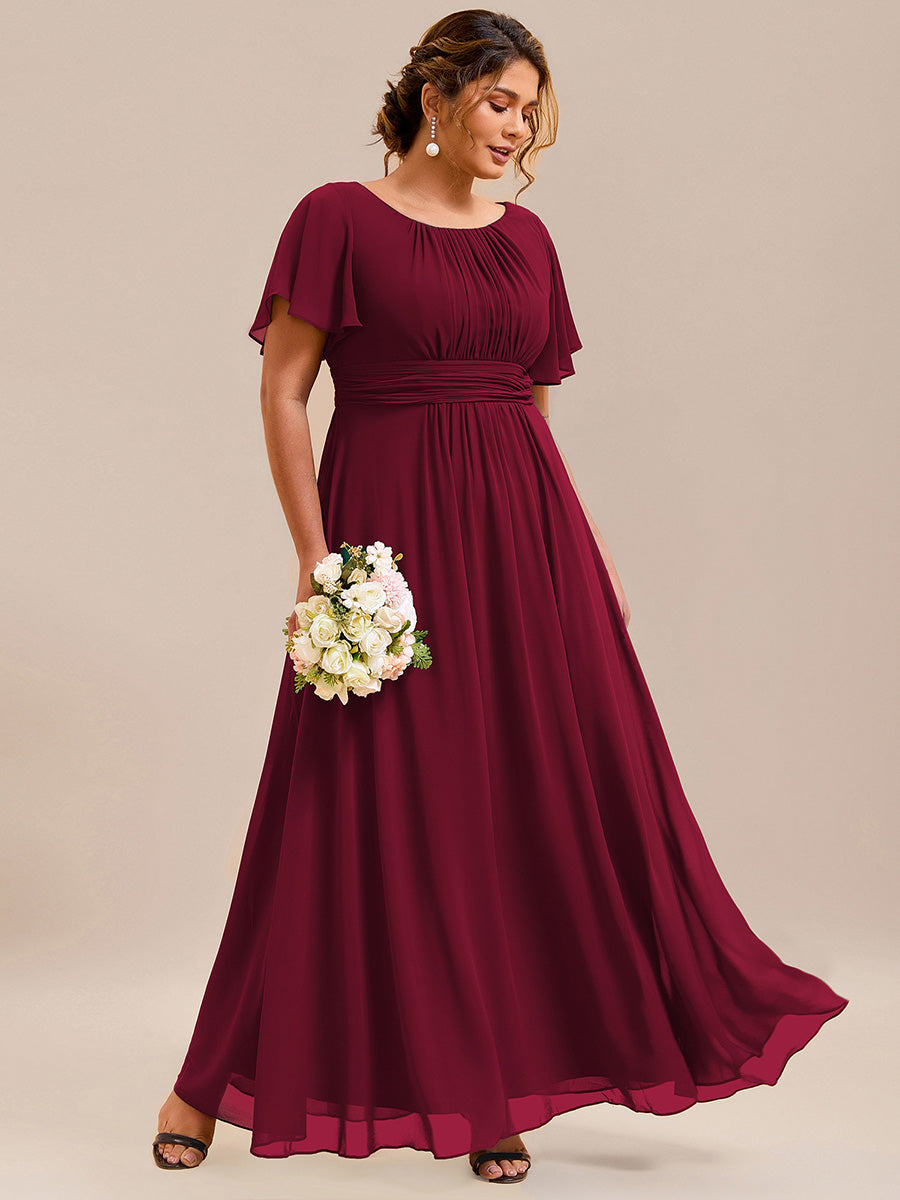 Bodenlanger A-Linien Chiffon Kleid Mit Falten Und Raffung Rundhalsausschnitt #Farbe_Burgunderrot
