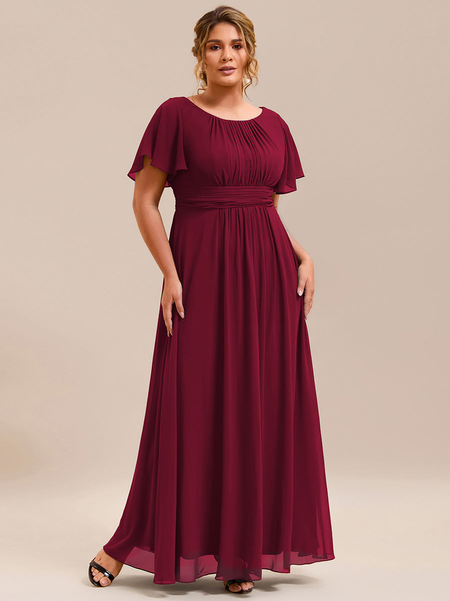 Bodenlanger A-Linien Chiffon Kleid Mit Falten Und Raffung Rundhalsausschnitt #Farbe_Burgunderrot