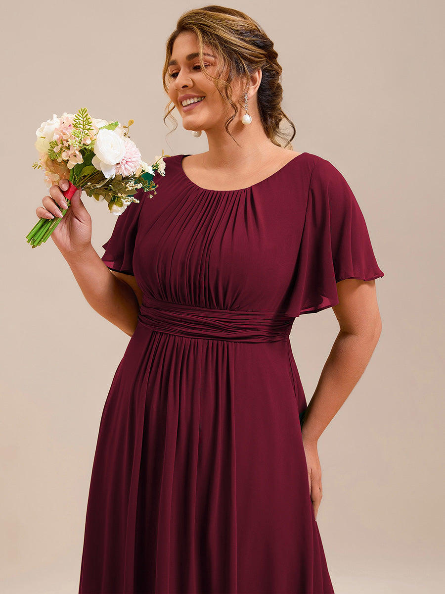 Bodenlanger A-Linien Chiffon Kleid Mit Falten Und Raffung Rundhalsausschnitt #Farbe_Burgunderrot