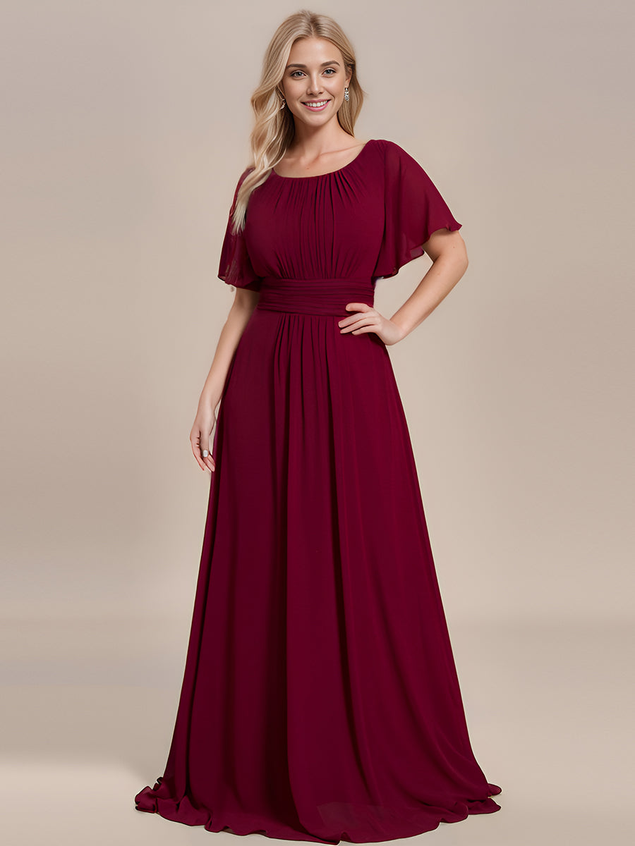 Bodenlanger A-Linien Chiffon Kleid Mit Falten Und Raffung Rundhalsausschnitt #Farbe_Burgunderrot