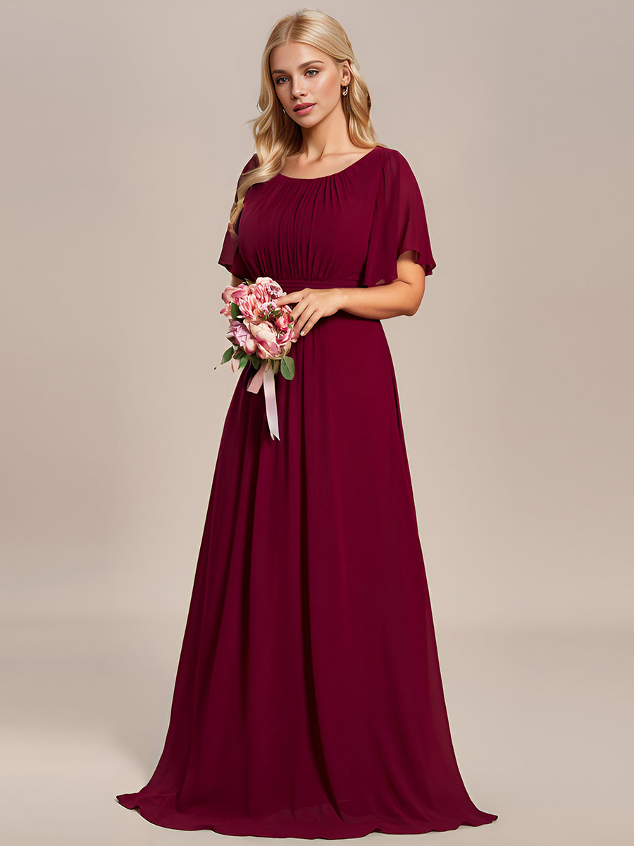 Bodenlanger A-Linien Chiffon Kleid Mit Falten Und Raffung Rundhalsausschnitt #Farbe_Burgunderrot