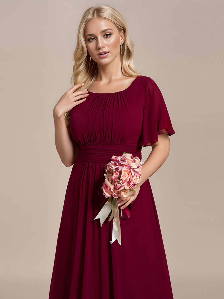 Bodenlanger A-Linien Chiffon Kleid Mit Falten Und Raffung Rundhalsausschnitt #Farbe_Burgunderrot