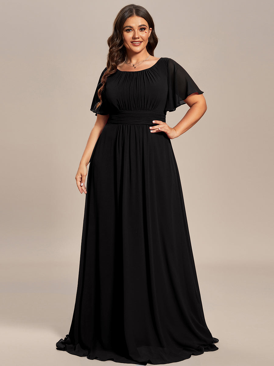 Bodenlanger A-Linien Chiffon Kleid Mit Falten Und Raffung Rundhalsausschnitt #Farbe_Schwarz