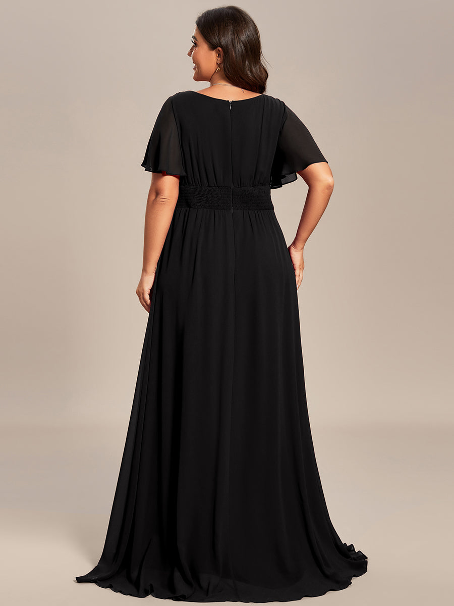 Bodenlanger A-Linien Chiffon Kleid Mit Falten Und Raffung Rundhalsausschnitt #Farbe_Schwarz