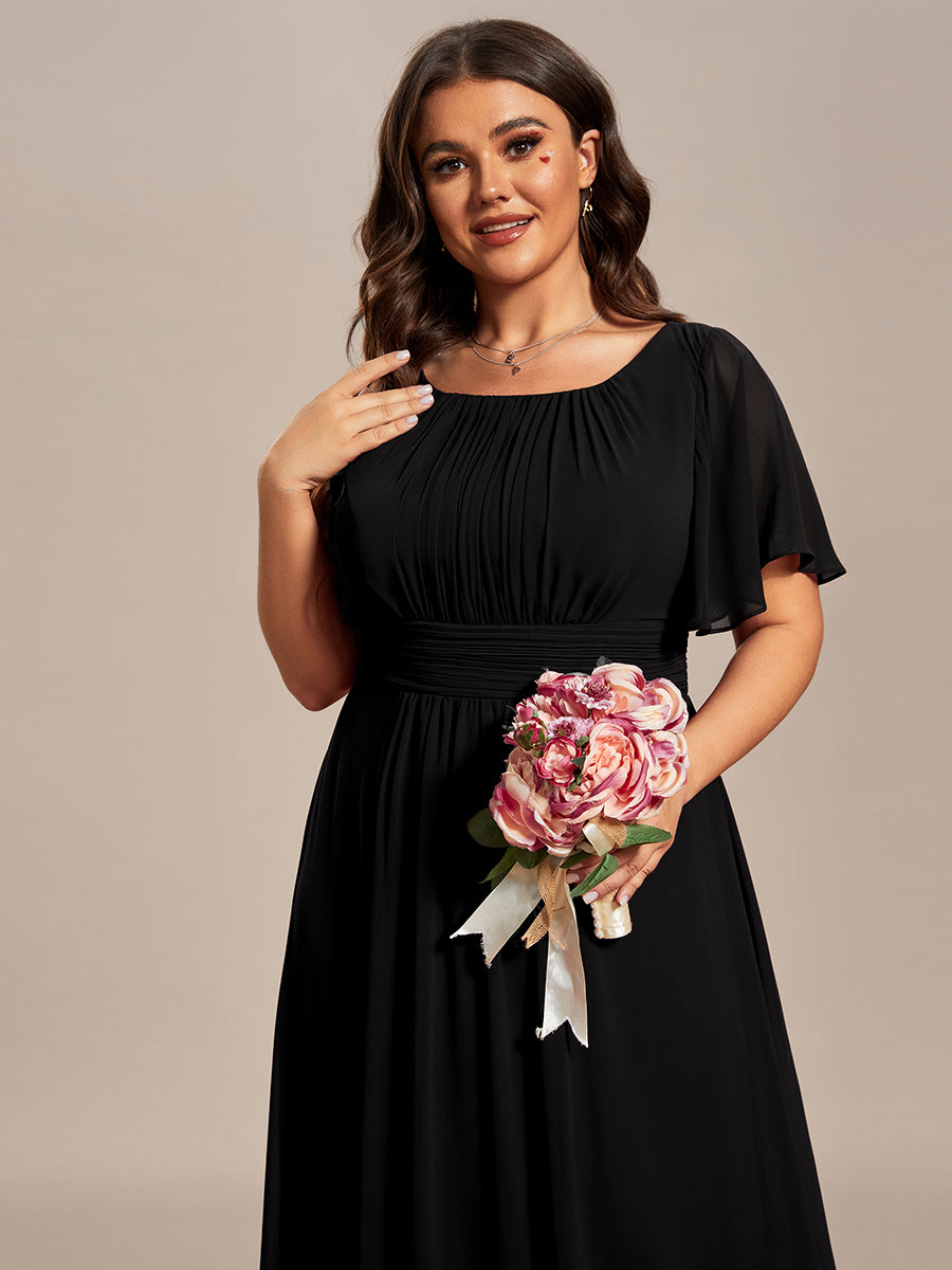Bodenlanger A-Linien Chiffon Kleid Mit Falten Und Raffung Rundhalsausschnitt #Farbe_Schwarz
