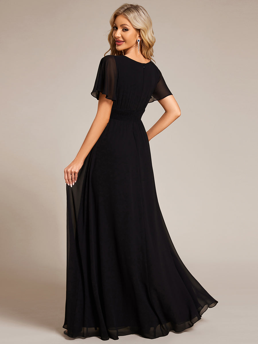 Bodenlanger A-Linien Chiffon Kleid Mit Falten Und Raffung Rundhalsausschnitt #Farbe_Schwarz