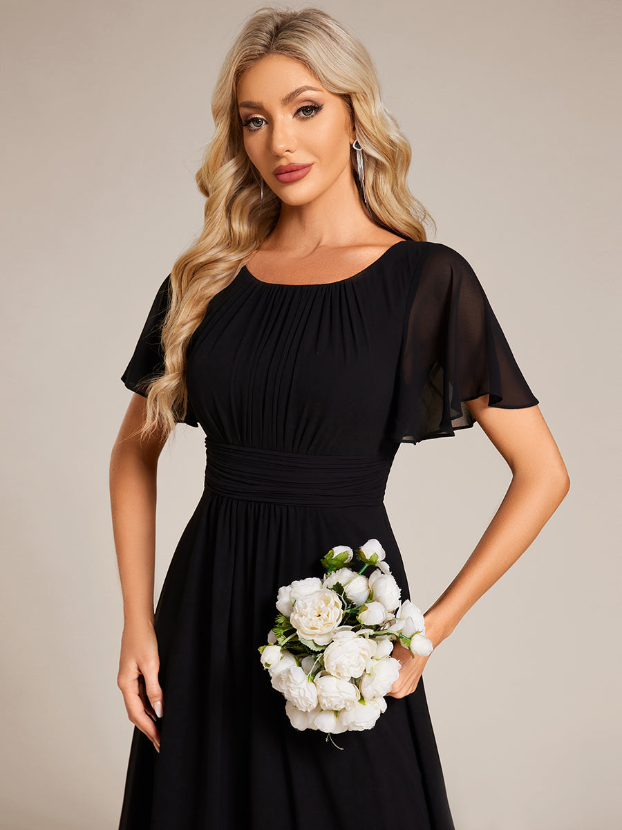 Bodenlanger A-Linien Chiffon Kleid Mit Falten Und Raffung Rundhalsausschnitt #Farbe_Schwarz