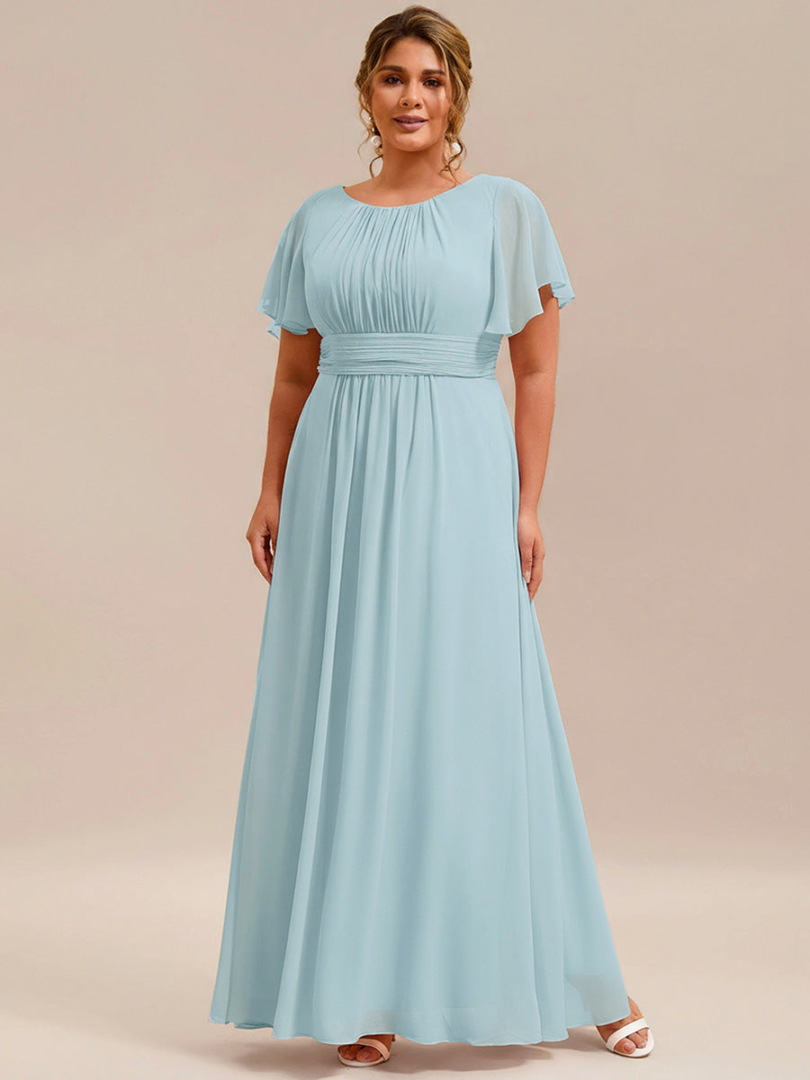 Bodenlanger A-Linien Chiffon Kleid Mit Falten Und Raffung Rundhalsausschnitt #Farbe_Himmelblau