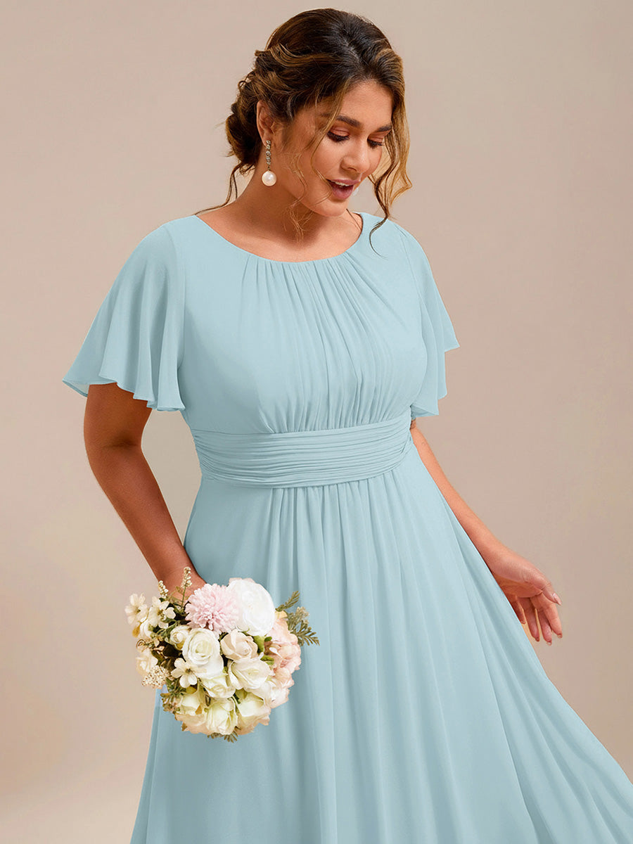 Bodenlanger A-Linien Chiffon Kleid Mit Falten Und Raffung Rundhalsausschnitt #Farbe_Himmelblau