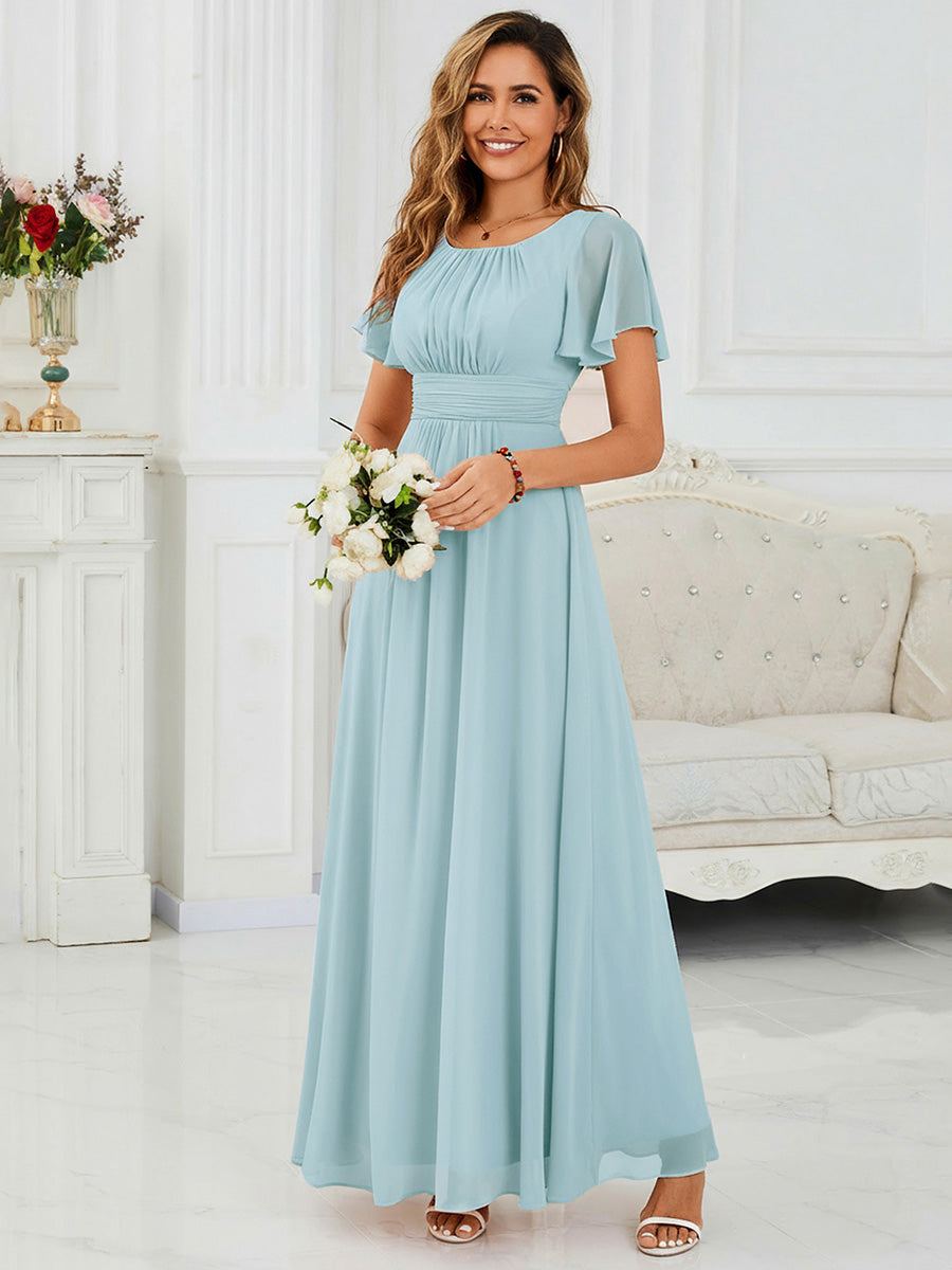 Bodenlanger A-Linien Chiffon Kleid Mit Falten Und Raffung Rundhalsausschnitt #Farbe_Himmelblau
