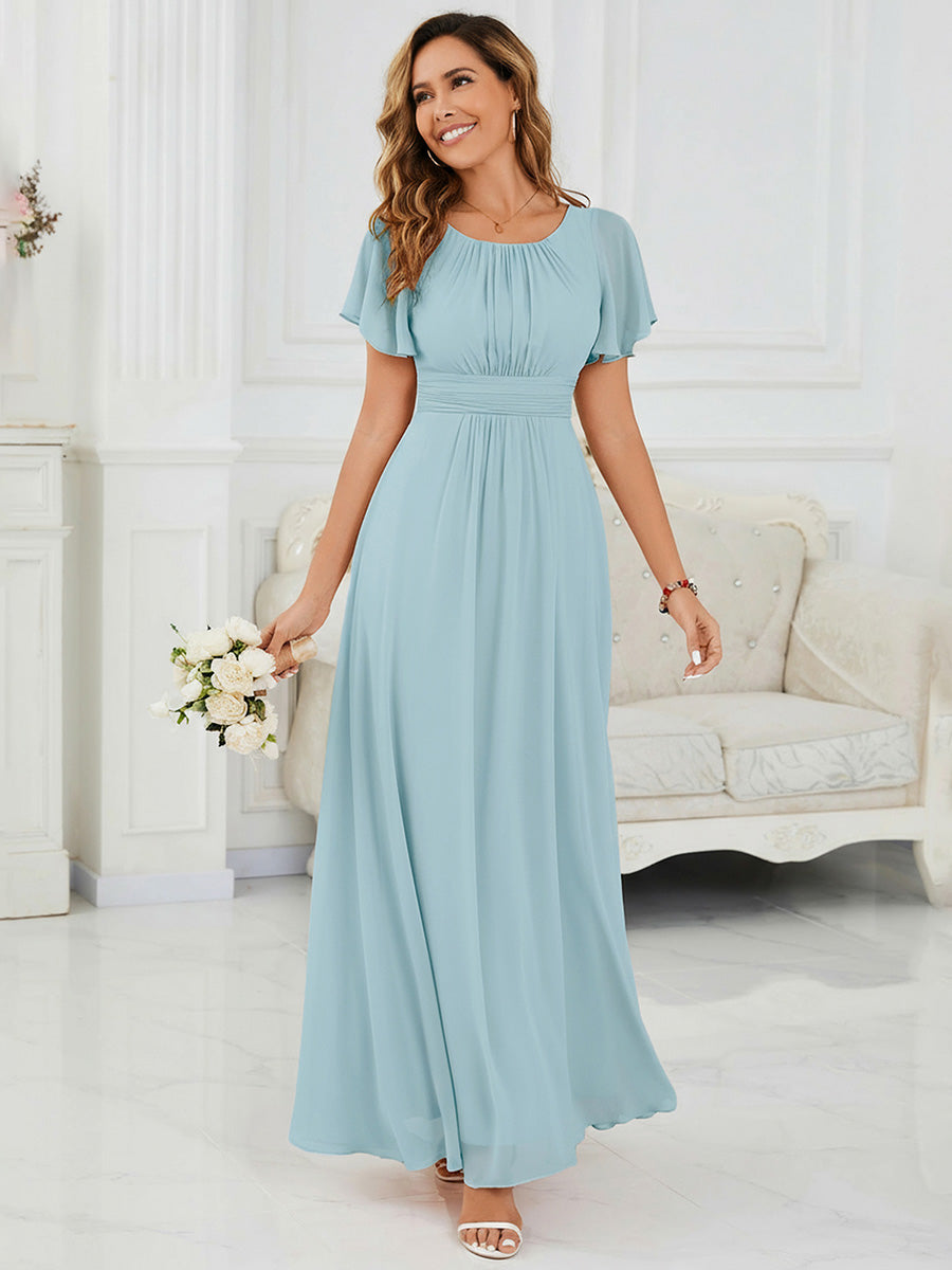 Bodenlanger A-Linien Chiffon Kleid Mit Falten Und Raffung Rundhalsausschnitt #Farbe_Himmelblau
