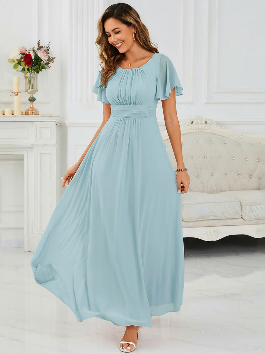 Bodenlanger A-Linien Chiffon Kleid Mit Falten Und Raffung Rundhalsausschnitt #Farbe_Himmelblau