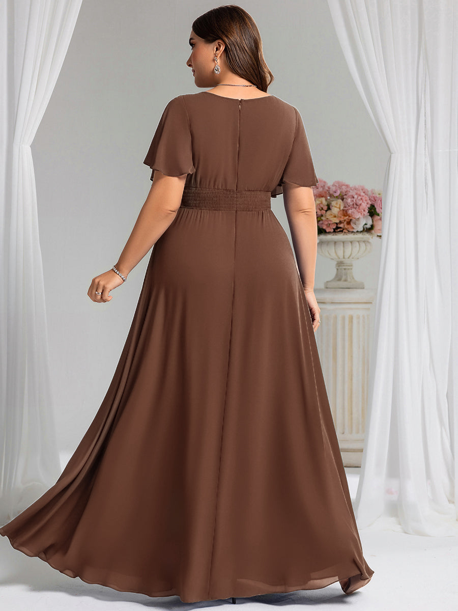 Bodenlanger A-Linien Chiffon Kleid Mit Falten Und Raffung Rundhalsausschnitt #Farbe_Braun