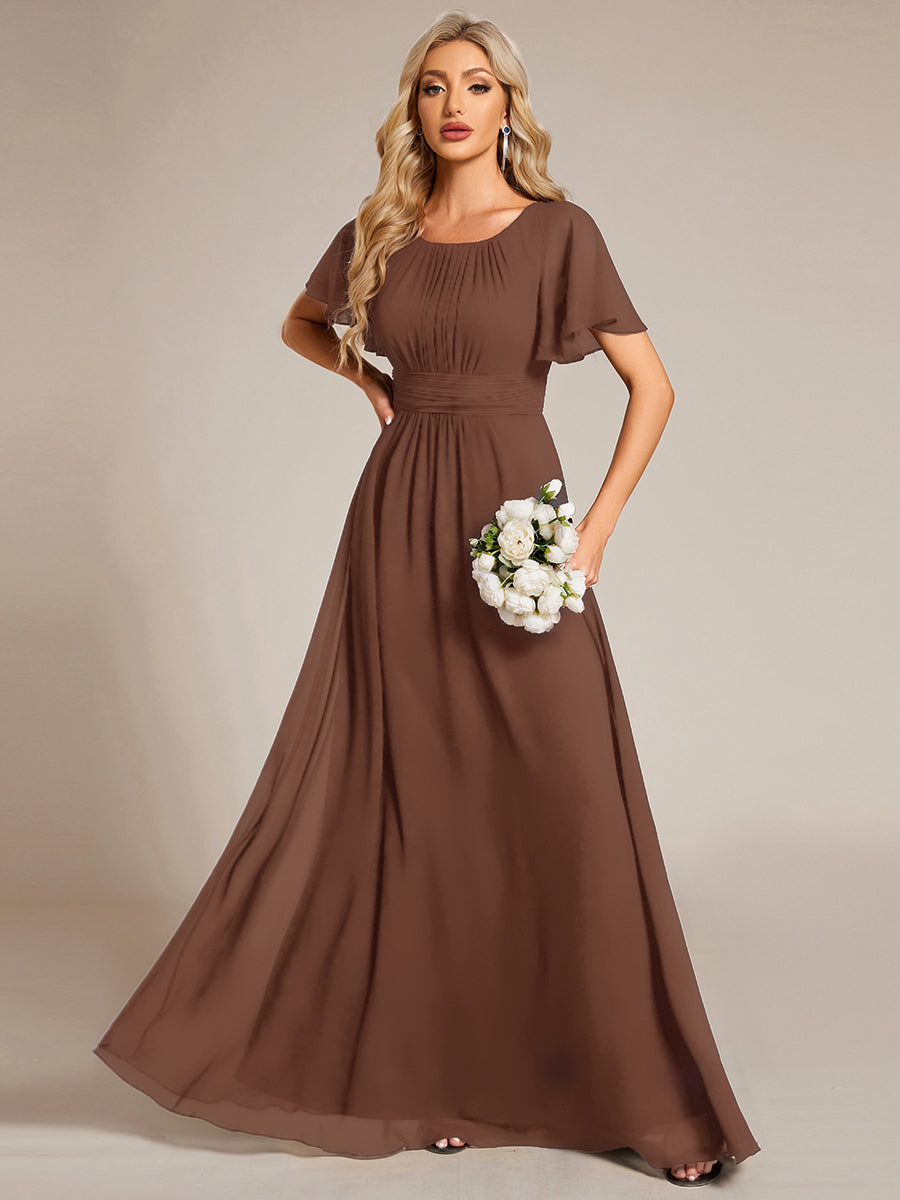 Bodenlanger A-Linien Chiffon Kleid Mit Falten Und Raffung Rundhalsausschnitt #Farbe_Braun