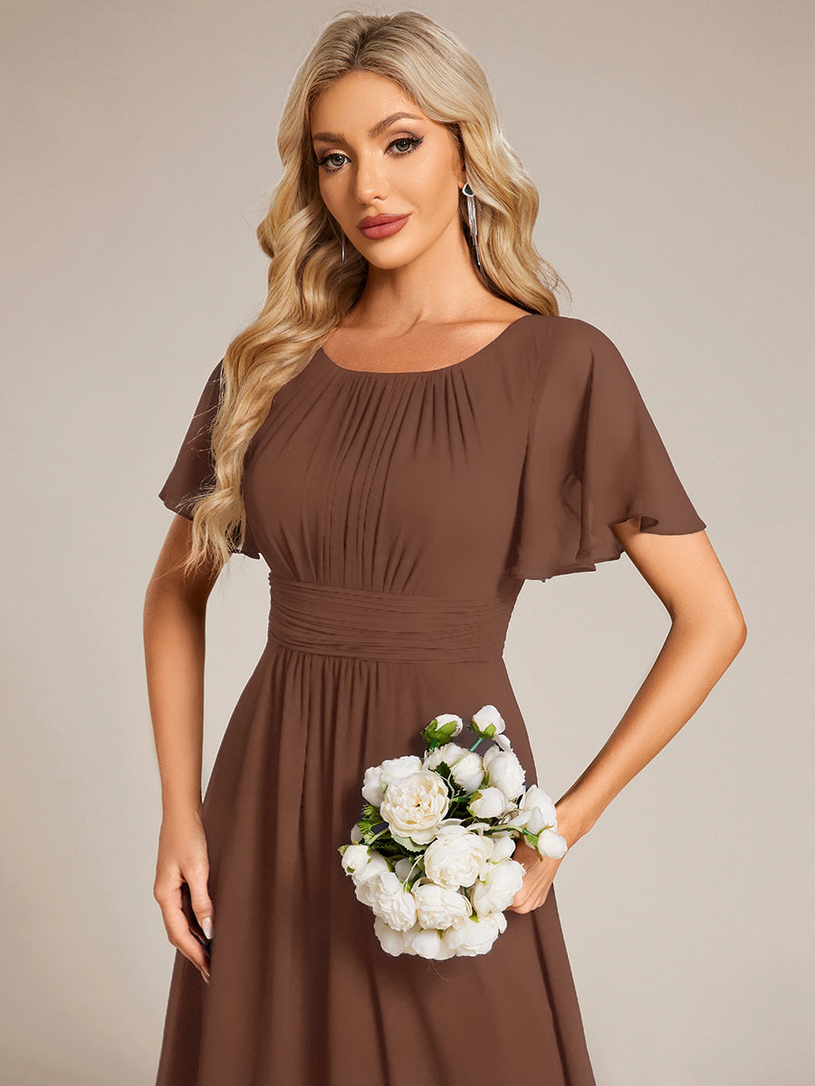 Bodenlanger A-Linien Chiffon Kleid Mit Falten Und Raffung Rundhalsausschnitt #Farbe_Braun