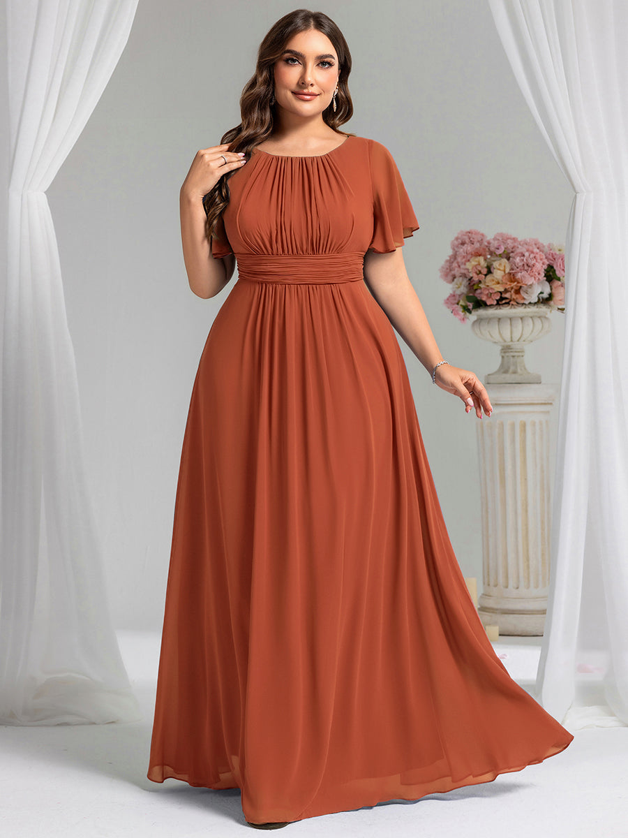 Bodenlanger A-Linien Chiffon Kleid Mit Falten Und Raffung Rundhalsausschnitt #Farbe_Gebranntes Orange