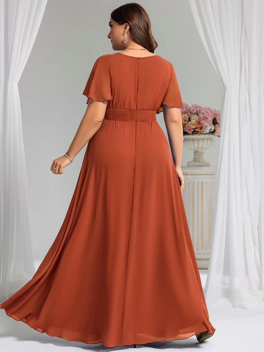 Bodenlanger A-Linien Chiffon Kleid Mit Falten Und Raffung Rundhalsausschnitt #Farbe_Gebranntes Orange