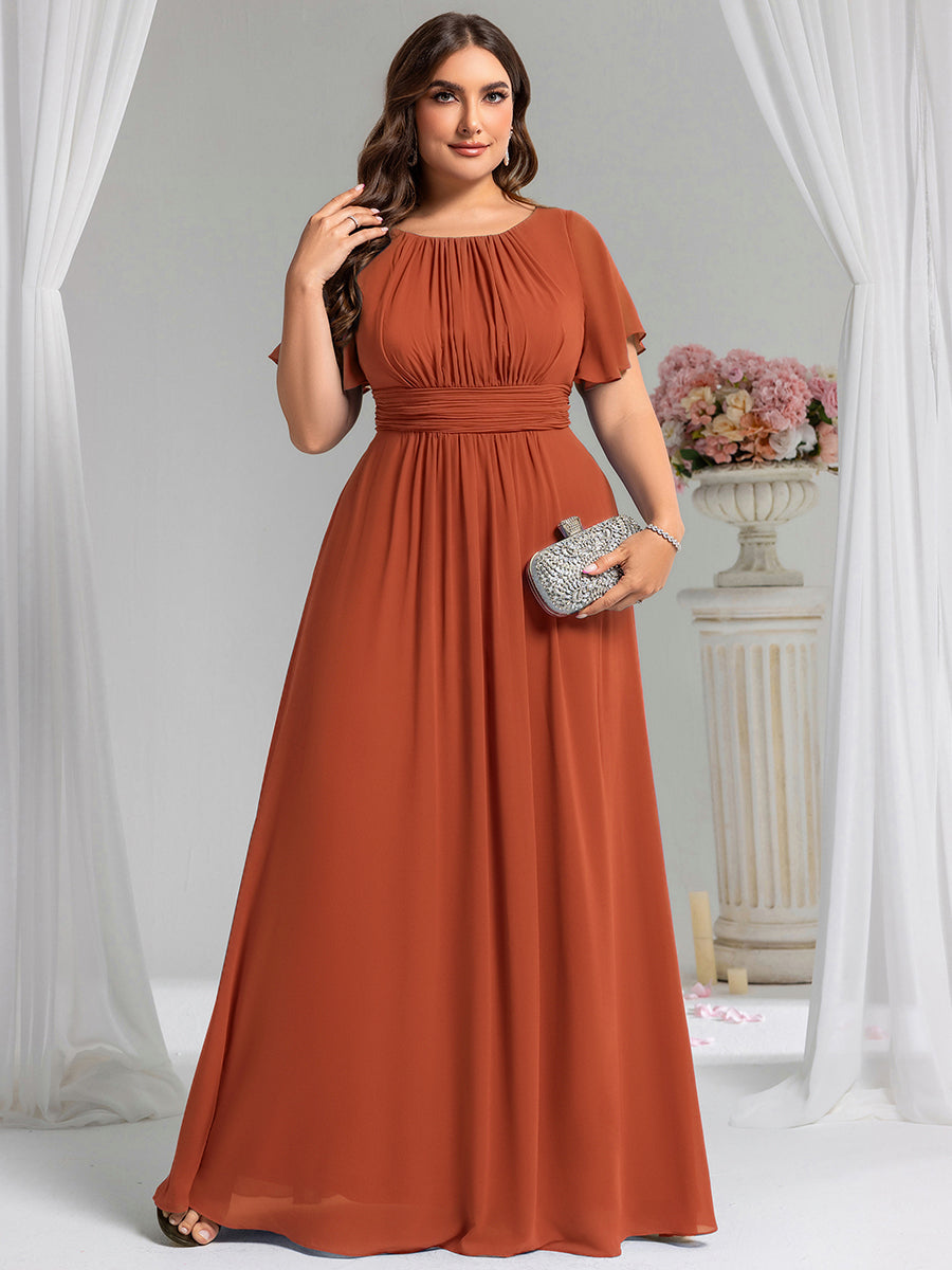 Bodenlanger A-Linien Chiffon Kleid Mit Falten Und Raffung Rundhalsausschnitt #Farbe_Gebranntes Orange