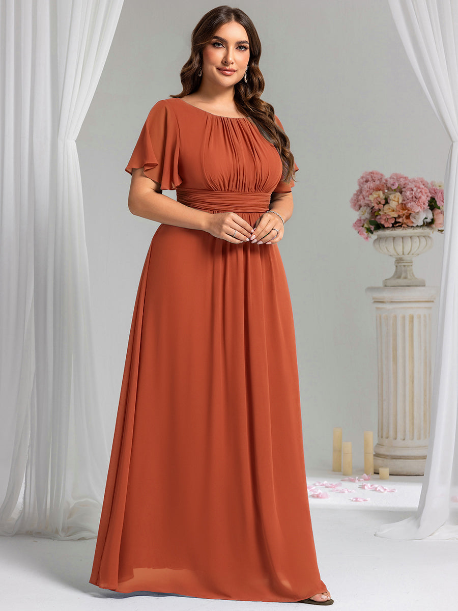 Bodenlanger A-Linien Chiffon Kleid Mit Falten Und Raffung Rundhalsausschnitt #Farbe_Gebranntes Orange