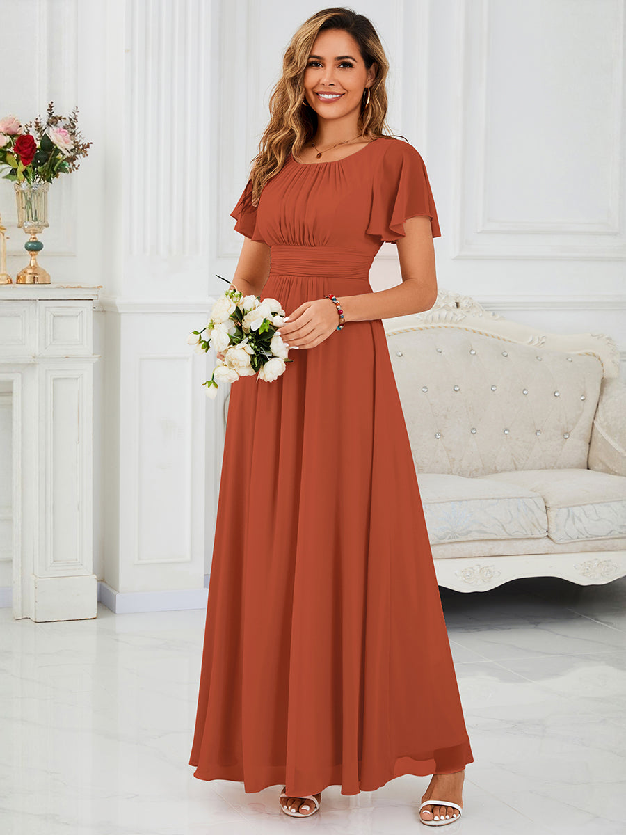 Bodenlanger A-Linien Chiffon Kleid Mit Falten Und Raffung Rundhalsausschnitt #Farbe_Gebranntes Orange