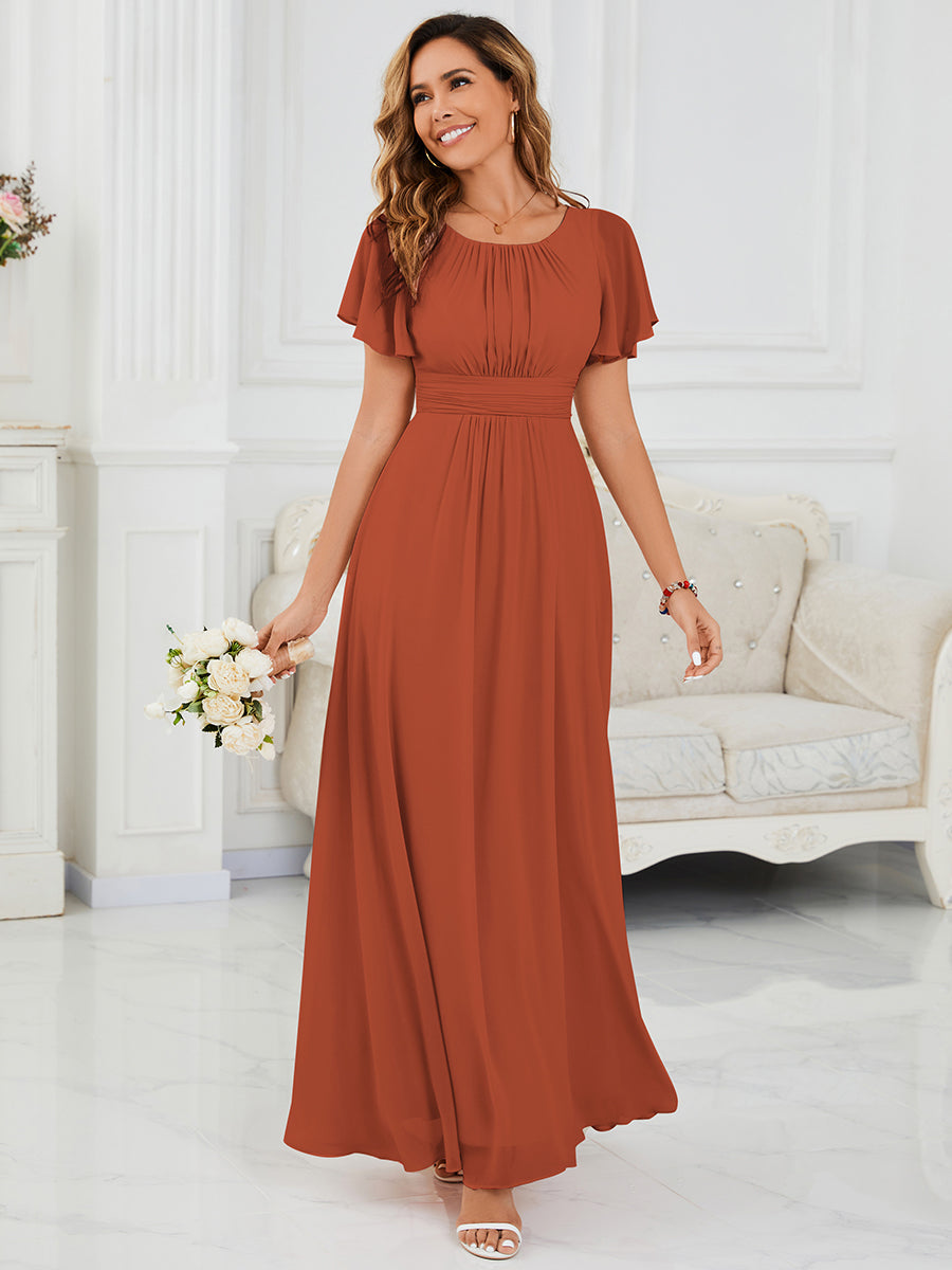 Bodenlanger A-Linien Chiffon Kleid Mit Falten Und Raffung Rundhalsausschnitt #Farbe_Gebranntes Orange