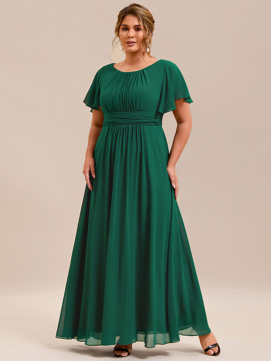 Bodenlanger A-Linien Chiffon Kleid Mit Falten Und Raffung Rundhalsausschnitt #Farbe_Dunkelgrün