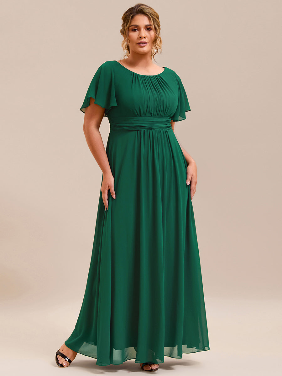 Bodenlanger A-Linien Chiffon Kleid Mit Falten Und Raffung Rundhalsausschnitt #Farbe_Dunkelgrün