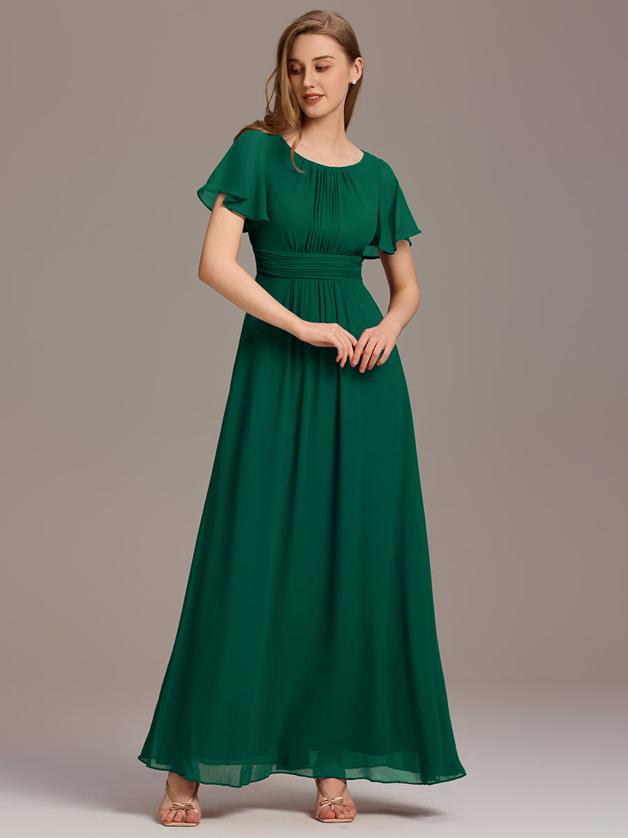 Bodenlanger A-Linien Chiffon Kleid Mit Falten Und Raffung Rundhalsausschnitt #Farbe_Dunkelgrün