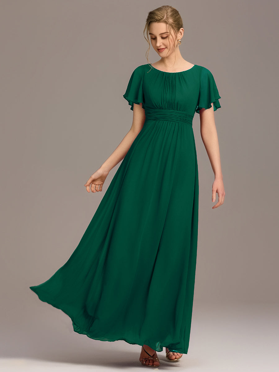Bodenlanger A-Linien Chiffon Kleid Mit Falten Und Raffung Rundhalsausschnitt #Farbe_Dunkelgrün