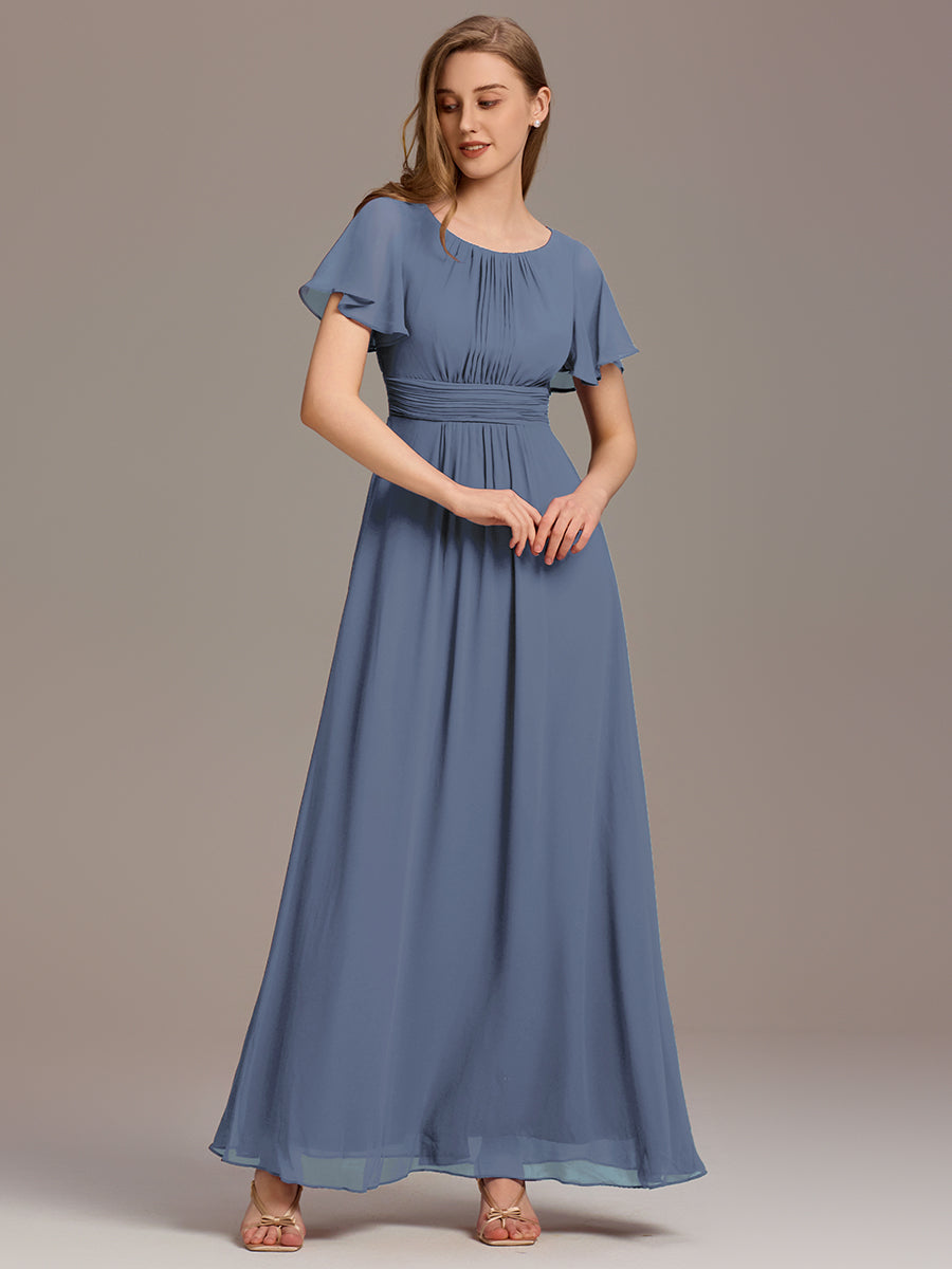 Bodenlanger A-Linien Chiffon Kleid Mit Falten Und Raffung Rundhalsausschnitt #Farbe_Taubenblau