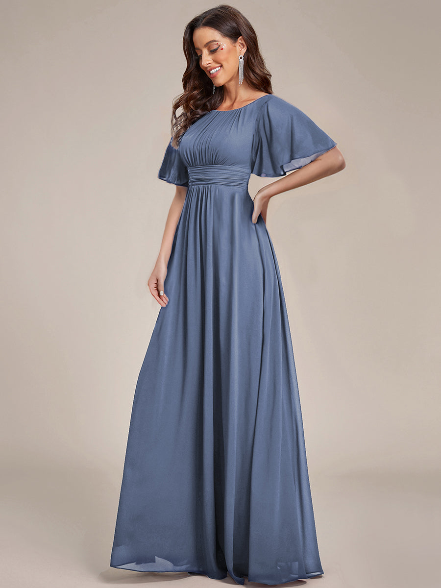 Bodenlanger A-Linien Chiffon Kleid Mit Falten Und Raffung Rundhalsausschnitt #Farbe_Taubenblau