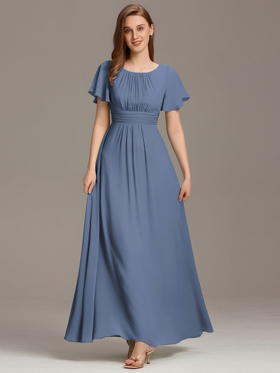 Bodenlanger A-Linien Chiffon Kleid Mit Falten Und Raffung Rundhalsausschnitt #Farbe_Taubenblau