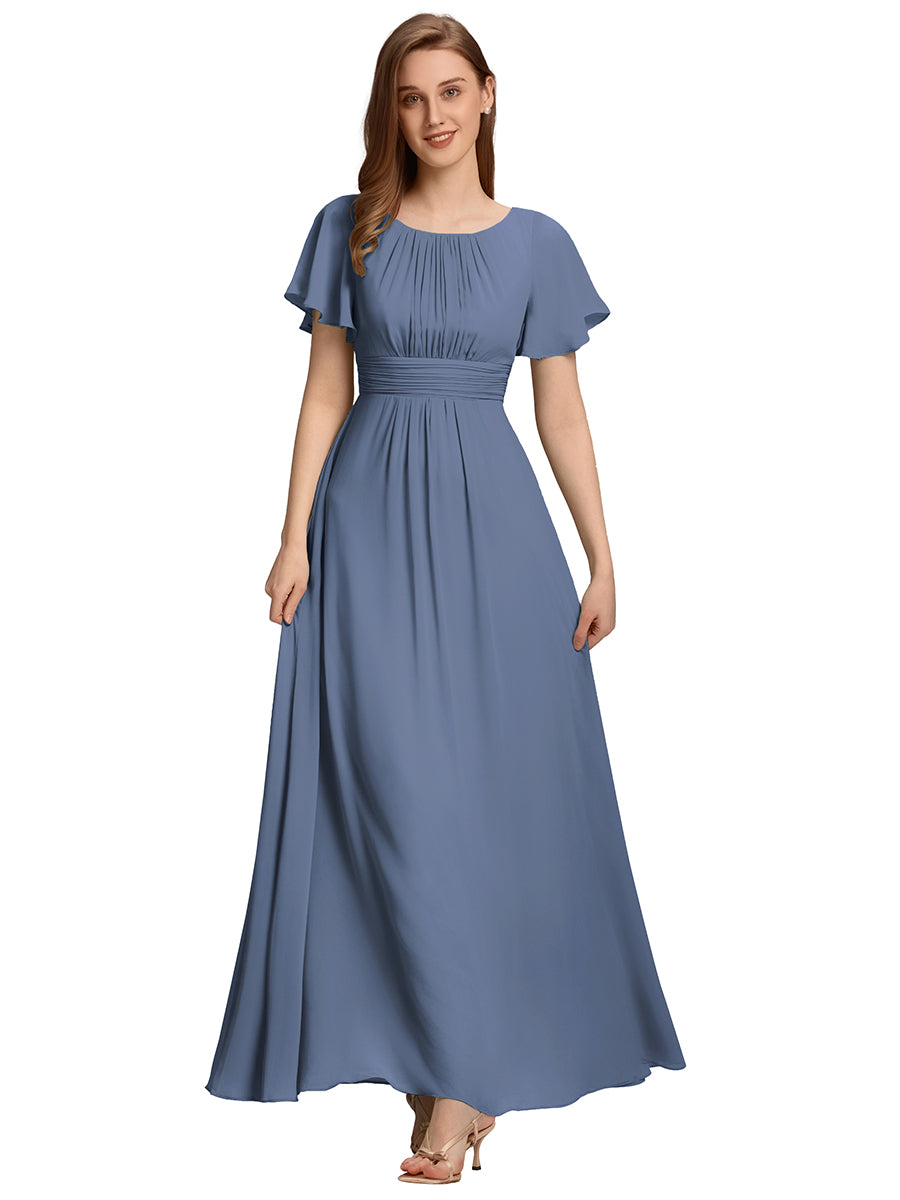 Bodenlanger A-Linien Chiffon Kleid Mit Falten Und Raffung Rundhalsausschnitt #Farbe_Taubenblau