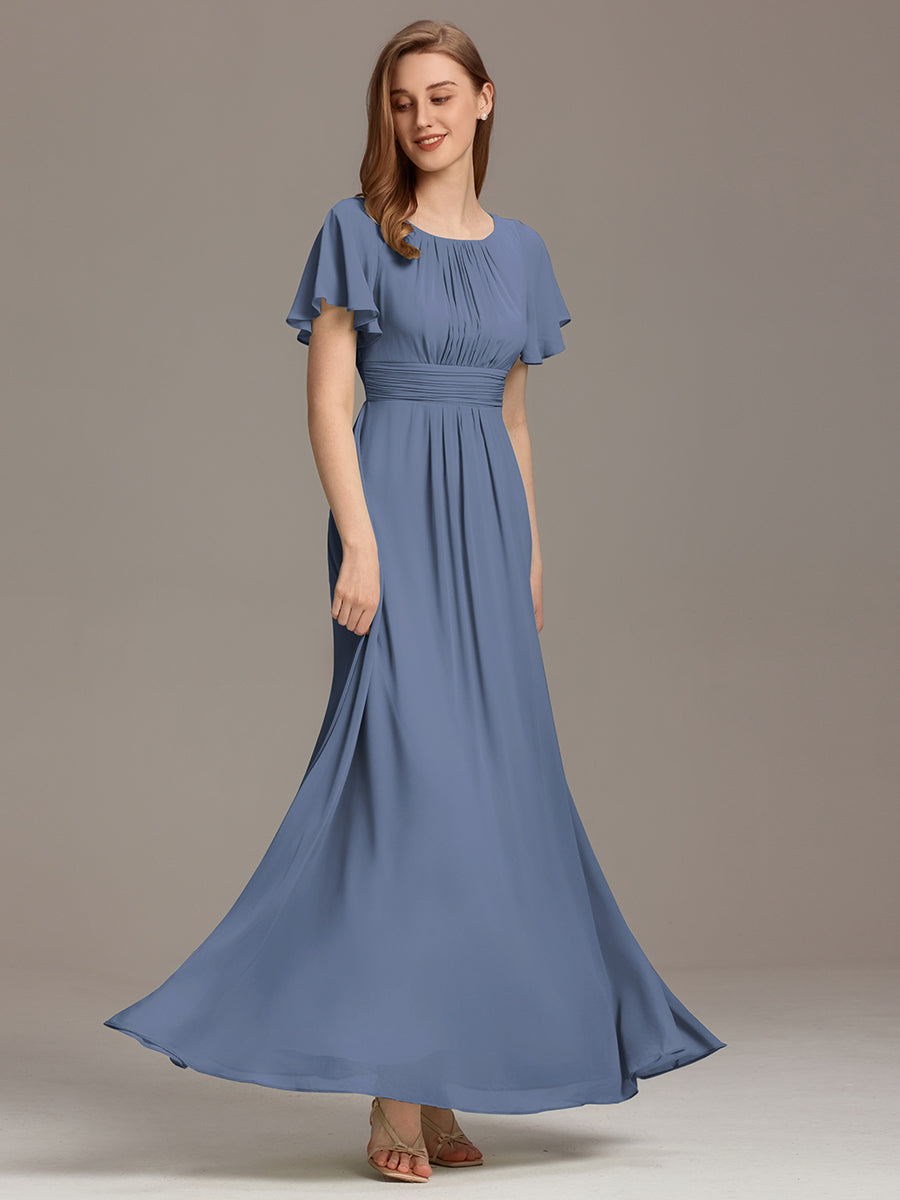 Bodenlanger A-Linien Chiffon Kleid Mit Falten Und Raffung Rundhalsausschnitt #Farbe_Taubenblau