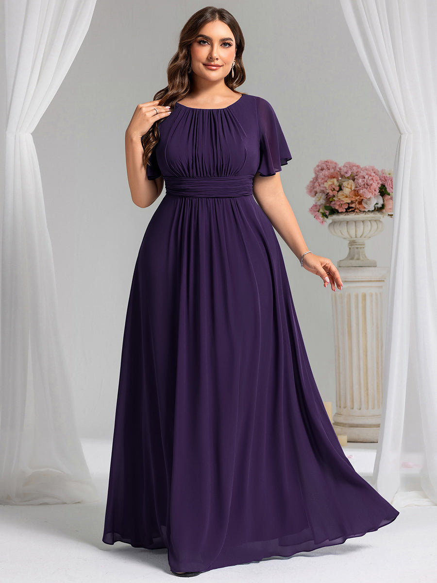 Bodenlanger A-Linien Chiffon Kleid Mit Falten Und Raffung Rundhalsausschnitt #Farbe_Dunkelviolett