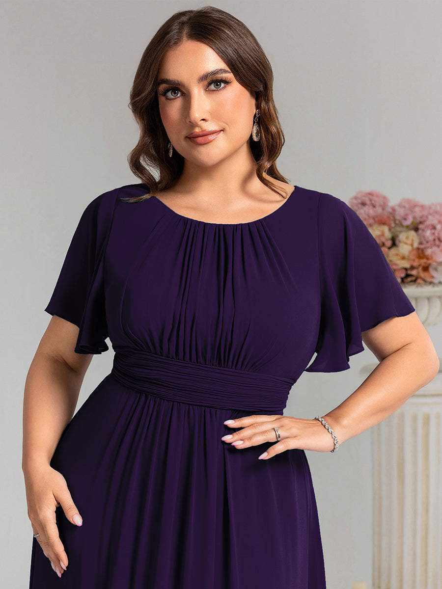 Bodenlanger A-Linien Chiffon Kleid Mit Falten Und Raffung Rundhalsausschnitt #Farbe_Dunkelviolett